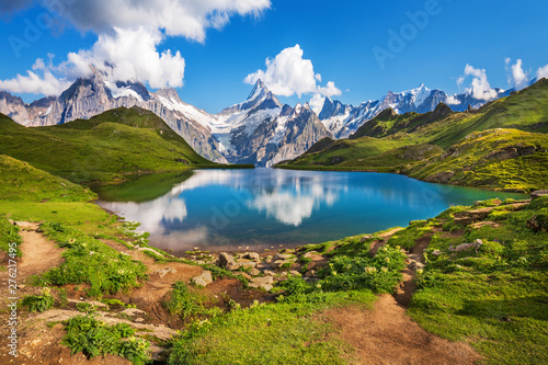 Scenic view on Bernese range above Bachalpsee lake. Popular tourist attraction. Location place Swiss alps  Grindelwald valley  Europe. 