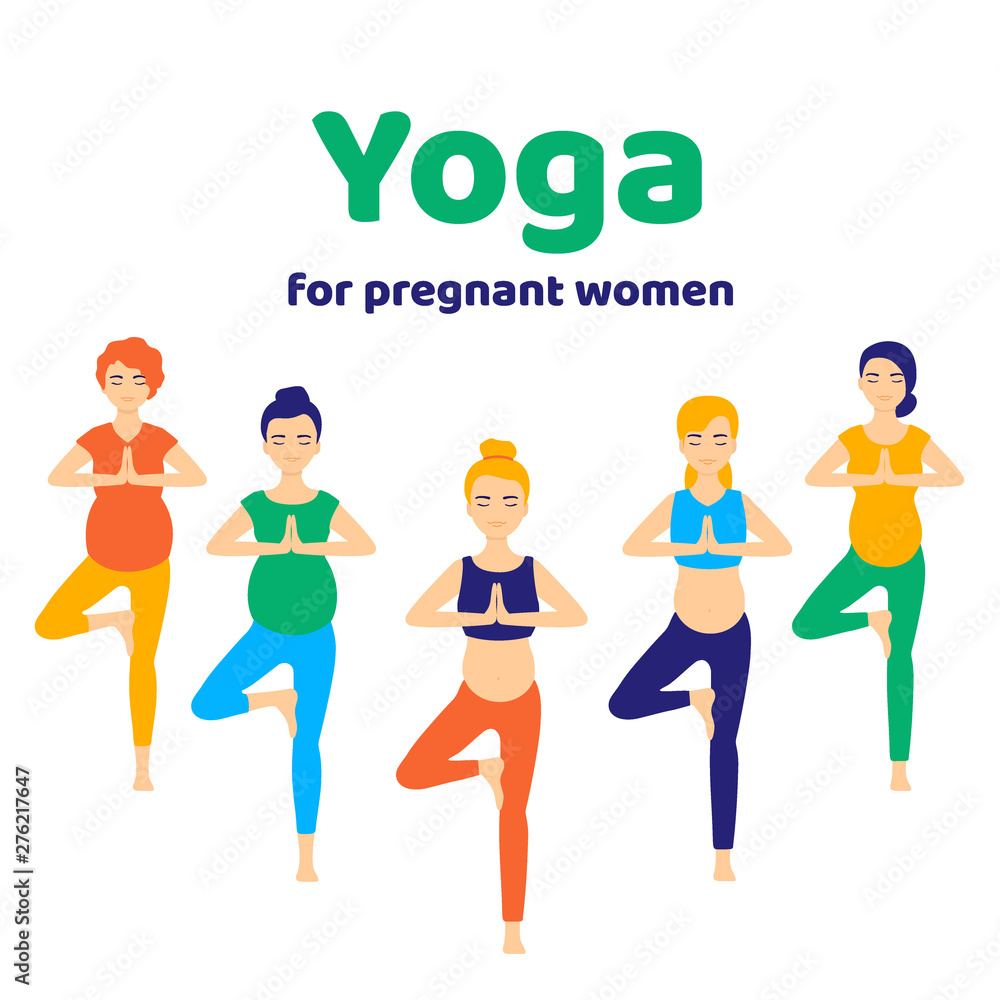Pretty pregnant group women doing yoga, having healthy lifestyle and relaxation. Exercises prenatal. Happy and healthy pregnancy. Vector illustration isolated on white background