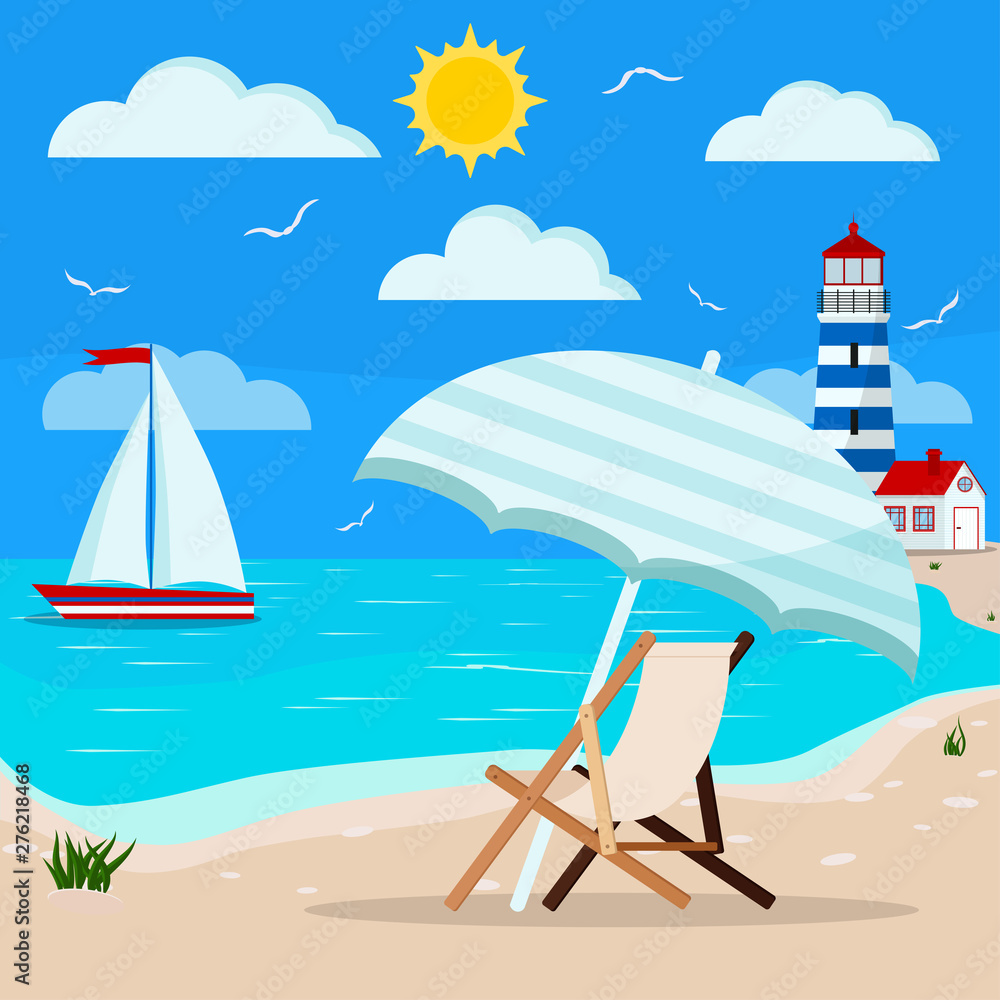 Fototapeta premium Panoramic sea landscape: calm blue ocean, clouds, gull, sailboat, lighthouse, sun lounger with parasol on sand coastline with grass. Vector illustration of seascape background in flat cartoon style.