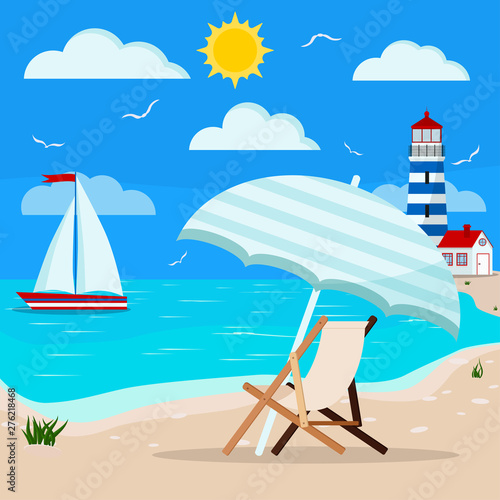 Panoramic sea landscape: calm blue ocean, clouds, gull, sailboat, lighthouse, sun lounger with parasol on sand coastline with grass. Vector illustration of seascape background in flat cartoon style.