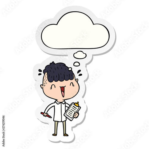 cartoon happy boy surprised and thought bubble as a printed sticker