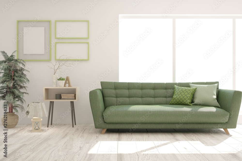 Fototapeta premium Stylish room in white color with sofa. Scandinavian interior design. 3D illustration
