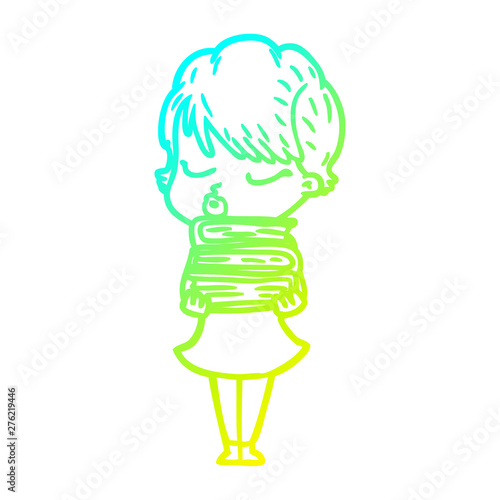 cold gradient line drawing cartoon woman with eyes shut