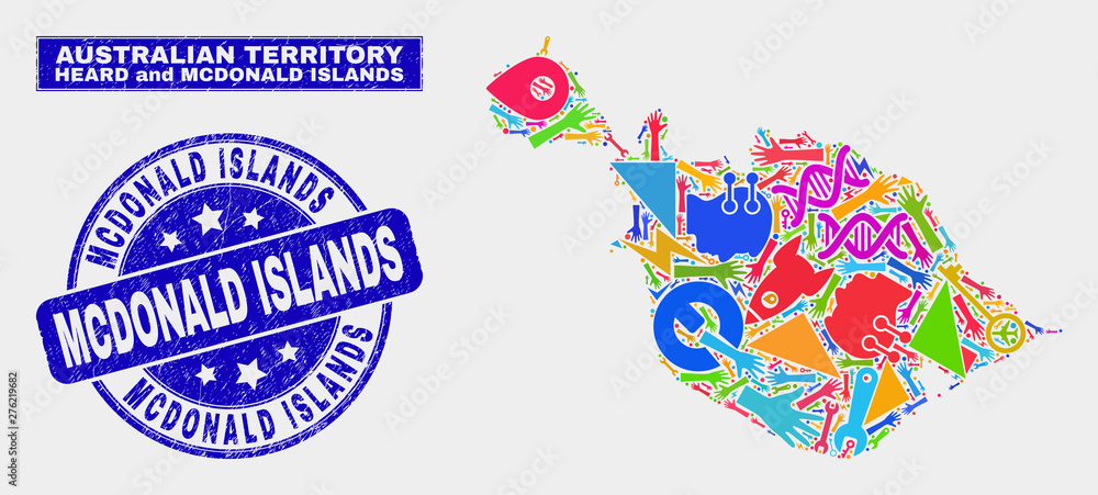Mosaic service Heard and McDonald Islands map and Mcdonald Islands seal stamp. Heard and McDonald Islands map collage formed with scattered bright tools, palms, industry symbols. Mosaic service Heard and McDonald Islands map and Mcdonald Islands seal stamp. Heard and McDonald Islands map collage formed with scattered bright tools, palms, industry symbols.