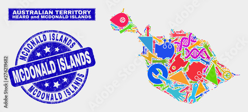 Mosaic service Heard and McDonald Islands map and Mcdonald Islands seal stamp. Heard and McDonald Islands map collage formed with scattered bright tools, palms, industry symbols. © Evgeny