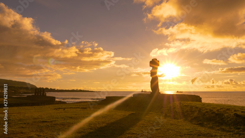 LENS FLARE: Picturesque view of scenic Ahu Tahai on a beautiful summer morning