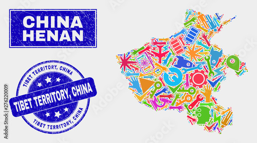 Mosaic tools Henan Province map and Tibet Territory, China seal. Henan Province map collage formed with randomized bright tools, hands, security icons. Blue rounded Tibet Territory,