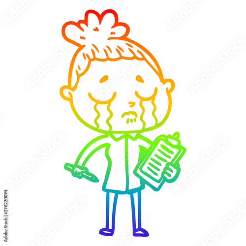 rainbow gradient line drawing cartoon crying saleswoman