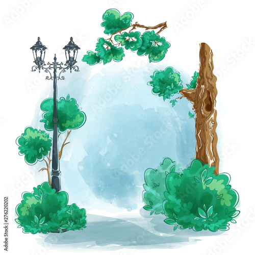 Landscape hand-painted watercolor background. Vintage street retro lantern, tree, bushes on a blue background with decorative spots. Vector beautiful illustration for text or image.