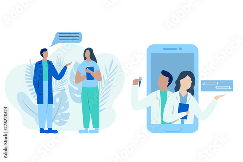 Medical vector illustration. Doctors talking. Two medical officers talking, helping patients, answering questions. Flat style