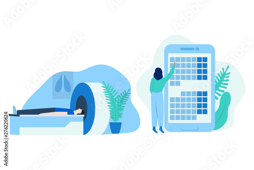 Medical vector illustration. Person during MRI scan. Online appointment scheduling for doctors. Patient making health appointment