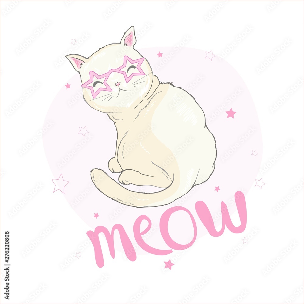 Hand drawn vector illustration of a kawaii funny unicorn cat with slogan phrase i`m cutie. Isolated objects on white background. Line drawing. Design concept for children print.