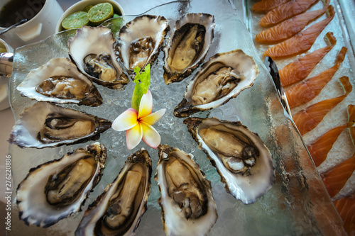 Mussels on a platter at a buffet table