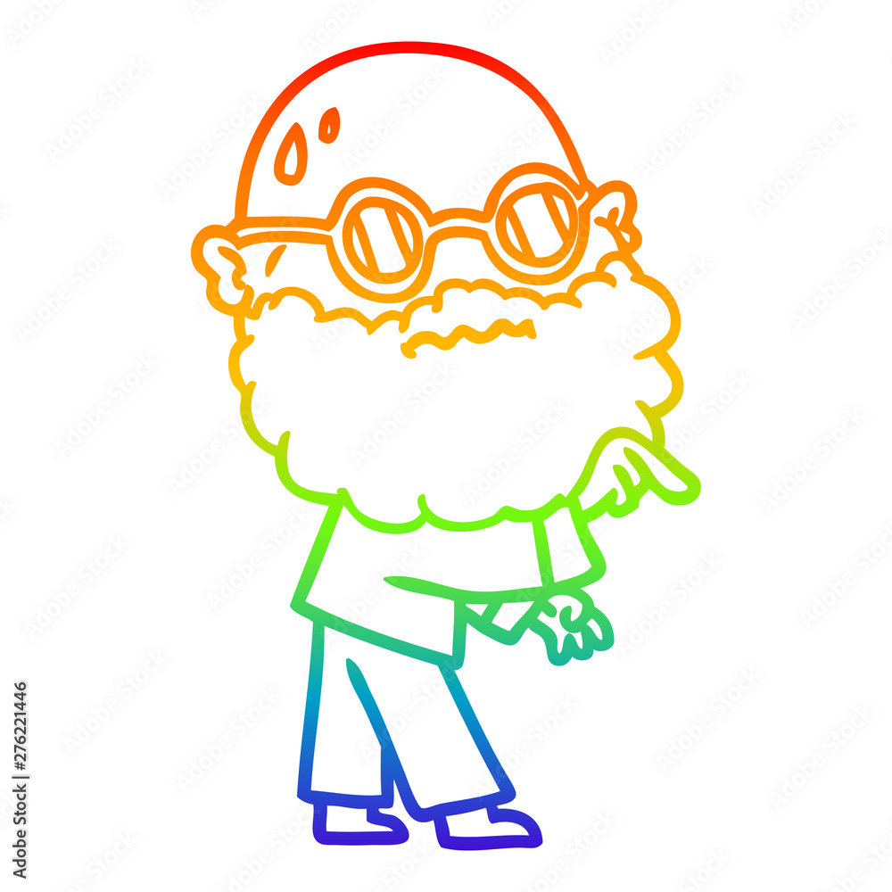 rainbow gradient line drawing cartoon worried man with beard and spectacles pointing finger rainbow gradient line drawing cartoon worried man with beard and spectacles pointing finger