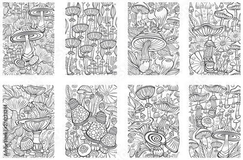Set of Mushrooms Coloring antistress book page