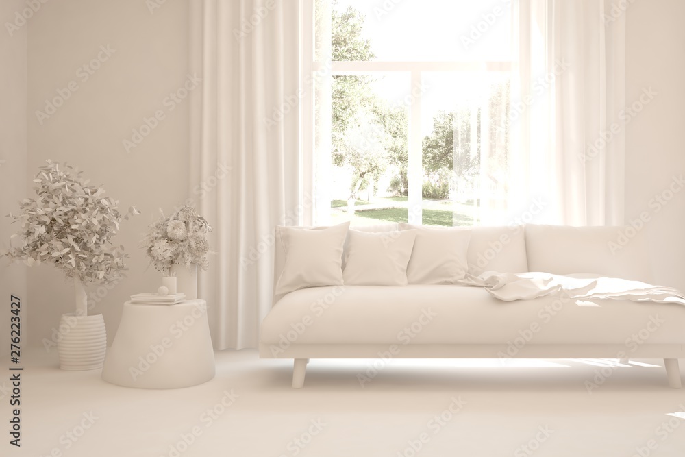 Mock up of stylish room in white color with sofa. Scandinavian interior design. 3D illustration Mock up of stylish room in white color with sofa. Scandinavian interior design. 3D illustration
