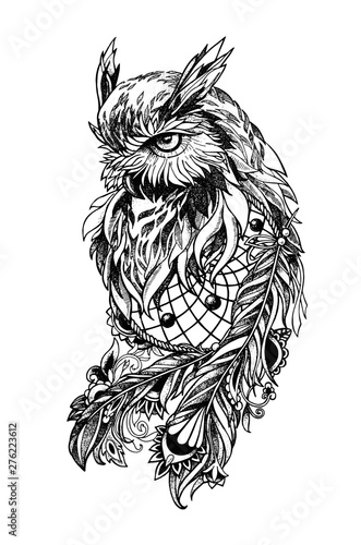 sketch of a bird owl with dream catcher and patterns