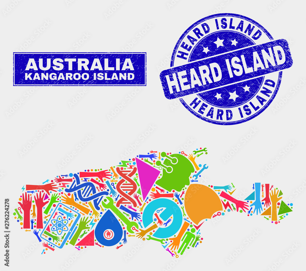 Mosaic service Kangaroo Island map and Heard Island stamp. Kangaroo Island map collage constructed with scattered bright equipment, palms, service icons. Mosaic service Kangaroo Island map and Heard Island stamp. Kangaroo Island map collage constructed with scattered bright equipment, palms, service icons.