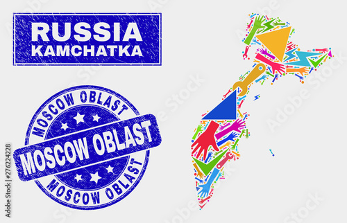 Mosaic service Kamchatka map and Moscow Oblast seal. Kamchatka map collage created with random bright equipment, hands, service elements. Blue rounded Moscow Oblast seal with scratched texture.