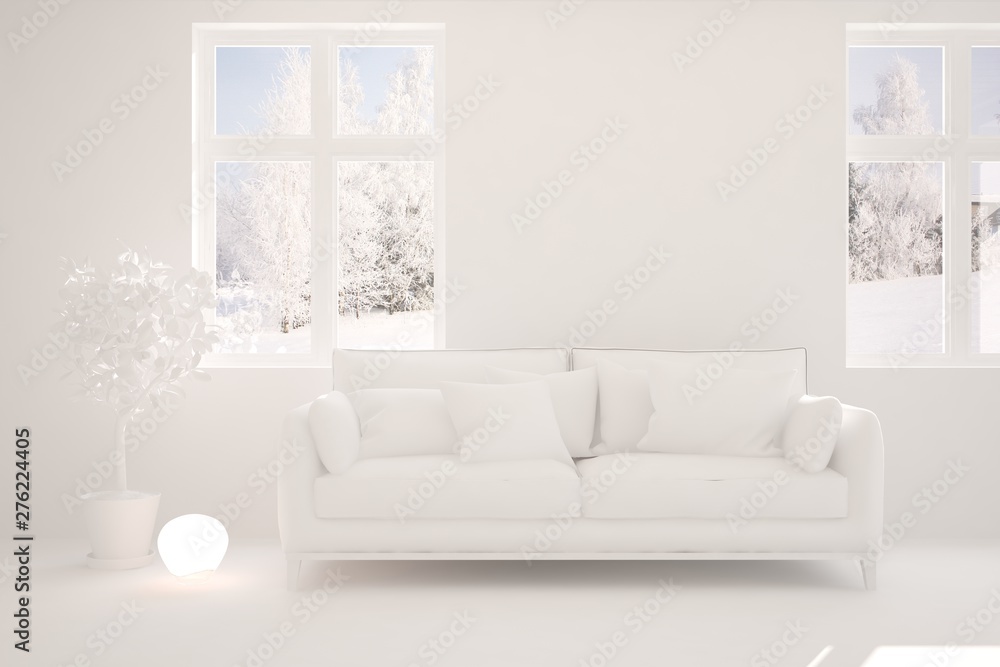 Mock up of stylish room in white color with sofa and winter landscape in window. Scandinavian interior design. 3D illustration Mock up of stylish room in white color with sofa and winter landscape in window. Scandinavian interior design. 3D illustration
