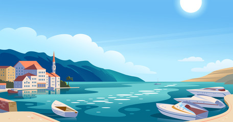 Acrylglasbilder Blau Vector flat landscape illustration of beautiful nature view: sky, mountains, water, cozy European town houses on sea coast. For travel banner, card, vacation touristic advertising, brochure, flayer.  © artflare