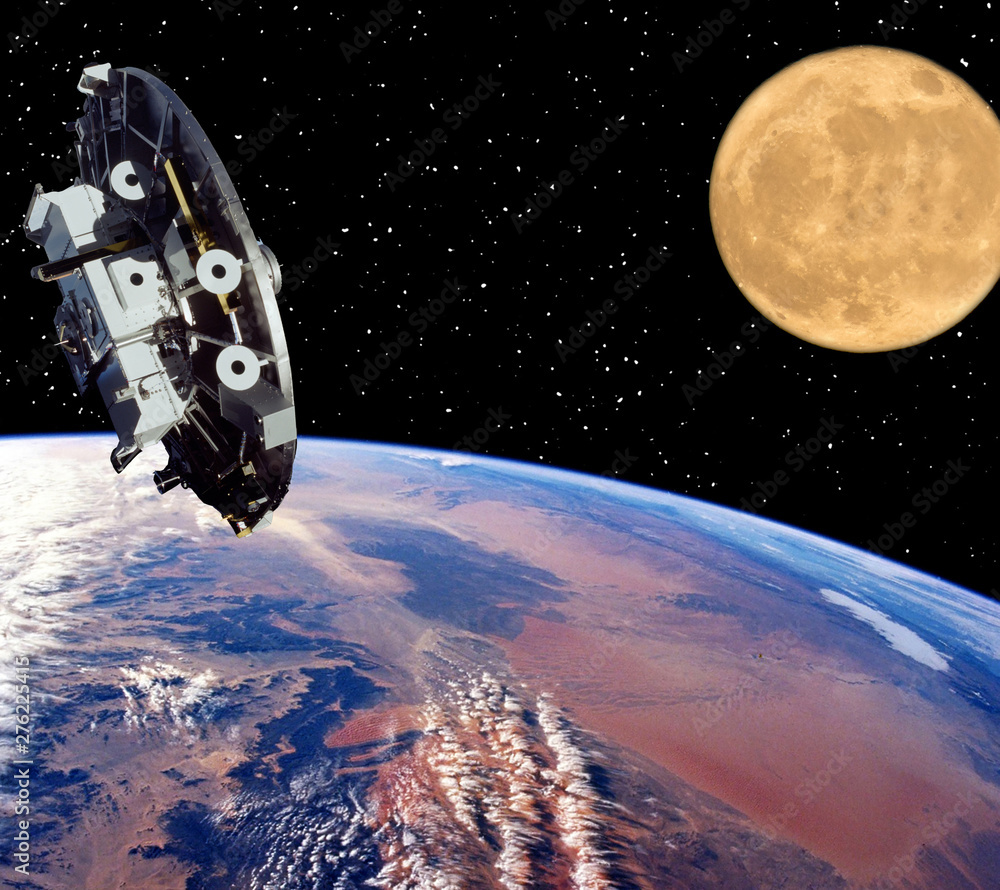 Spaceship and moon. Earth on the backdrop. The elements of this image furnished by NASA. Spaceship and moon. Earth on the backdrop. The elements of this image furnished by NASA.