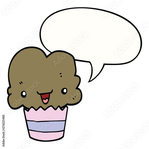 cartoon cupcake and face and speech bubble