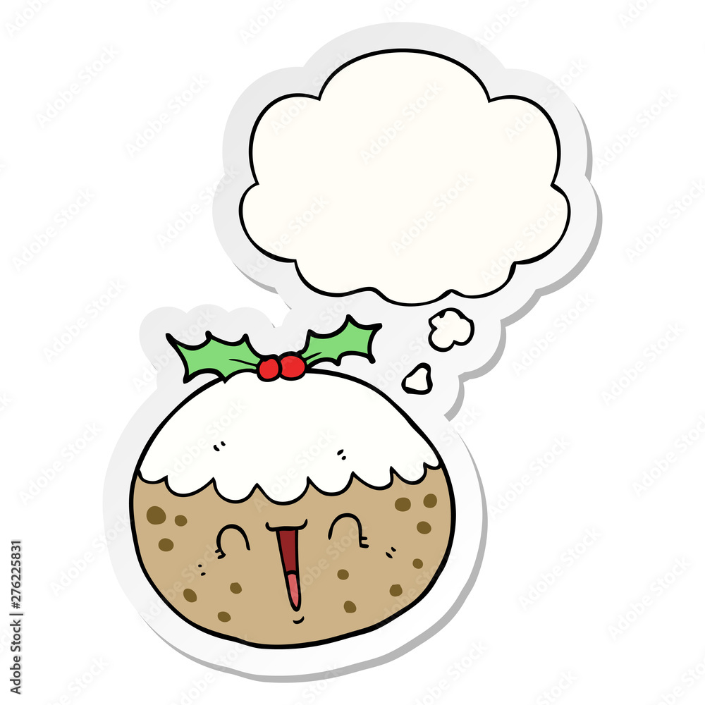 cute cartoon christmas pudding and thought bubble as a printed sticker