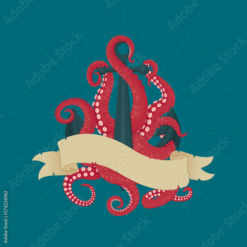 Anchor with pink tentacles and vintage ribbon. Naval theme illustration. Adventure, exploration, danger symbol.