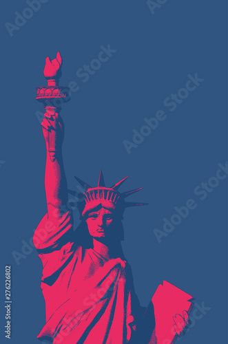 Red engraving liberty illustration on blue BG