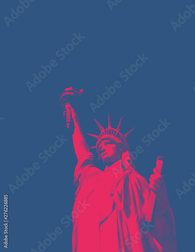 Red engraving liberty illustration on blue BG