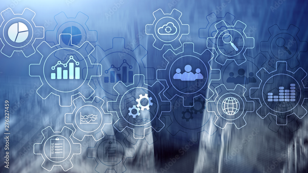 Business process abstract diagram with gears and icons. Workflow and automation technology concept. Business process abstract diagram with gears and icons. Workflow and automation technology concept.