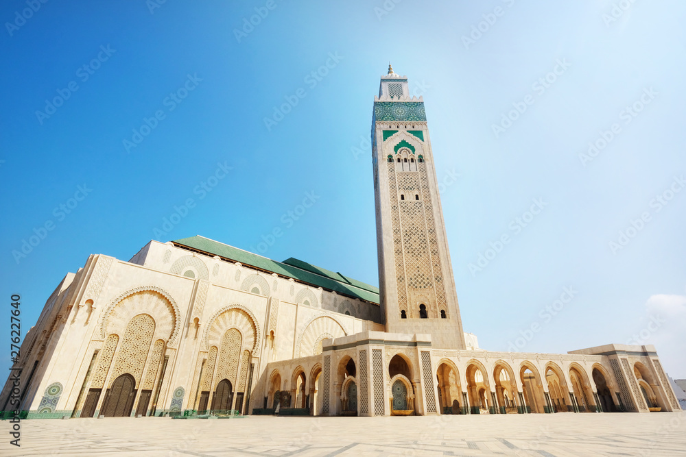 Casablanca, Morocco - March 1, 2019: Panoramic view at the Mosque of Hasan II. in Casablanca. Casablanca is the largest city in Morocco