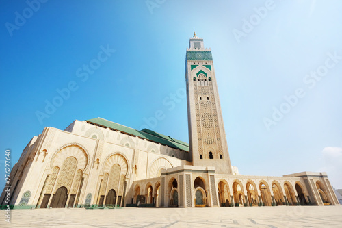 Casablanca, Morocco - March 1, 2019: Panoramic view at the Mosque of Hasan II. in Casablanca. Casablanca is the largest city in Morocco