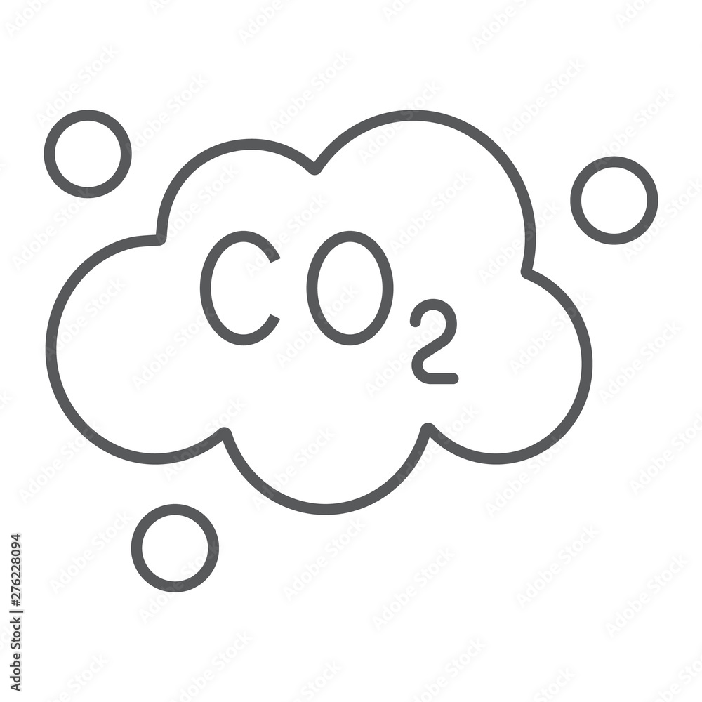 Pollution co2 thin line icon, ecology and dioxide, co2 emissions cloud sign, vector graphics, a linear pattern on a white background. Pollution co2 thin line icon, ecology and dioxide, co2 emissions cloud sign, vector graphics, a linear pattern on a white background.