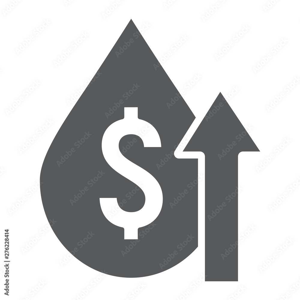 Oil price glyph icon, fuel and market, oil cost growth sign, vector graphics, a solid pattern on a white background. Oil price glyph icon, fuel and market, oil cost growth sign, vector graphics, a solid pattern on a white background.