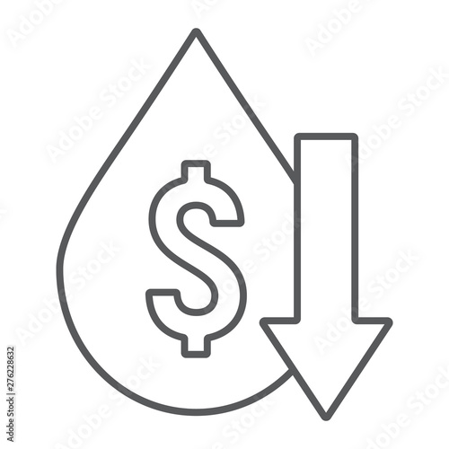 Oil price fall thin line icon, crisis and fuel, oil cost low sign, vector graphics, a linear pattern on a white background.