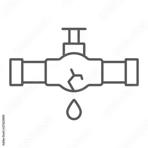 Burst oil pipe thin line icon, crack and plumber, oil leak sign, vector graphics, a linear pattern on a white background.