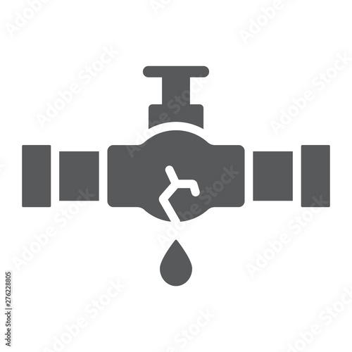 Burst oil pipe glyph icon, crack and plumber, oil leak sign, vector graphics, a solid pattern on a white background.