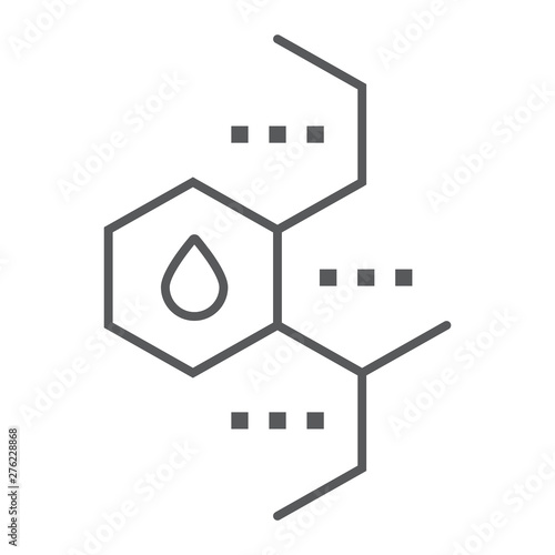 Oil molecule thin line icon, chemical and molecular, oil formula sign, vector graphics, a linear pattern on a white background.