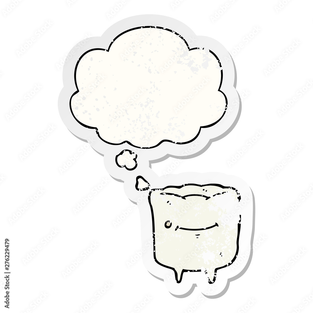 cartoon happy tooth and thought bubble as a distressed worn sticker cartoon happy tooth and thought bubble as a distressed worn sticker