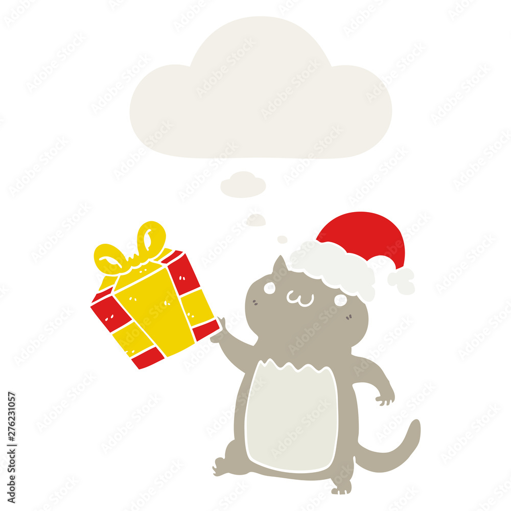 cute cartoon christmas cat and thought bubble in retro style