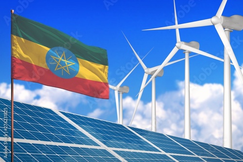 Ethiopia solar and wind energy, renewable energy concept with solar panels - renewable energy against global warming - industrial illustration, 3D illustration