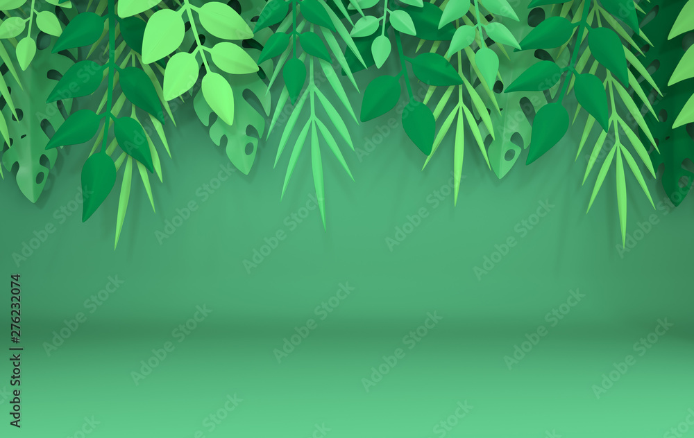 Tropical paper palm, monstera leaves frame. Summer tropical leaf. Origami exotic hawaiian jungle, summertime background. Paper cut style. 3d render Tropical paper palm, monstera leaves frame. Summer tropical leaf. Origami exotic hawaiian jungle, summertime background. Paper cut style. 3d render