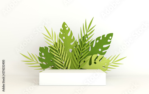 Tropical paper palm, monstera leaves frame, podium platform for product presentation. Summer tropical leaf. Origami exotic hawaiian jungle, summertime background. Paper cut 3d render