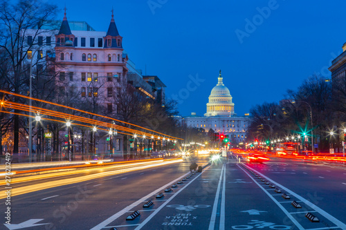 View of the Capitol Building at dusk from Pennsylvania Avenue, Washington D.C. photo