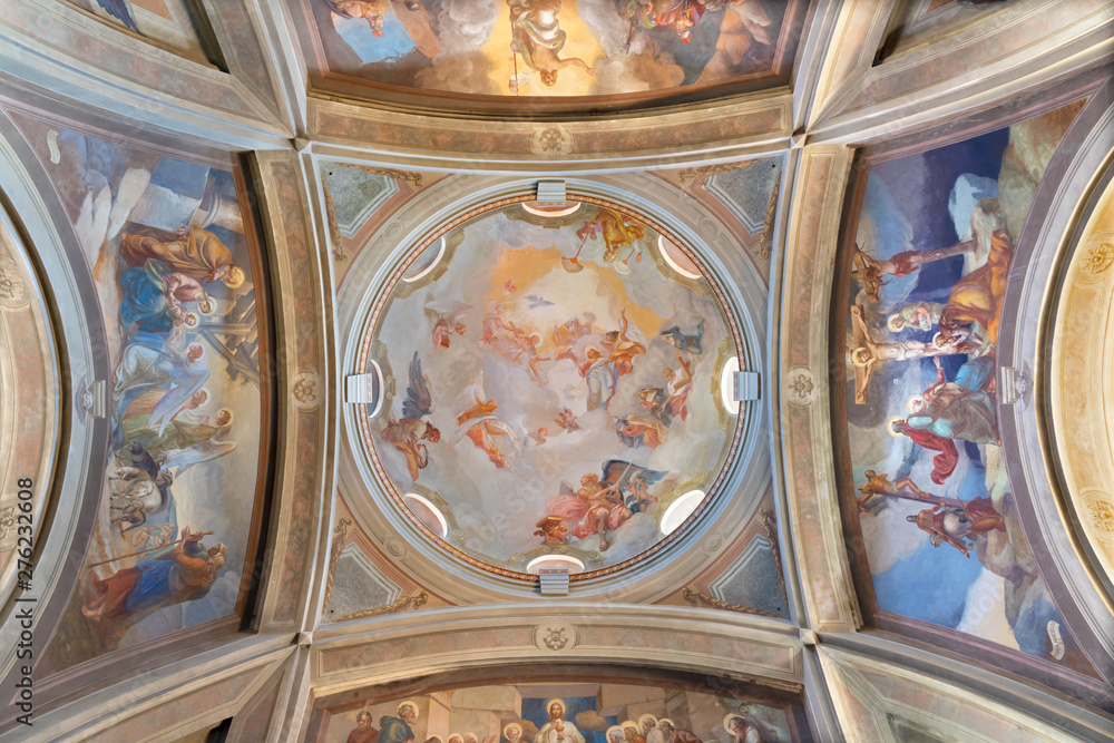 COMO, ITALY - MAY 9, 2015: The frescoes in the cupola of church Chiesa di San Andrea Apostolo (Brunate) of by Mario Albertella (1934).