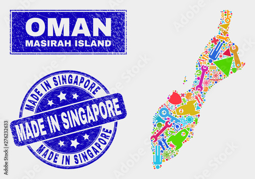 Mosaic service Masirah Island map and Made in Singapore seal stamp. Masirah Island map collage designed with randomized colored equipment, hands, security items.