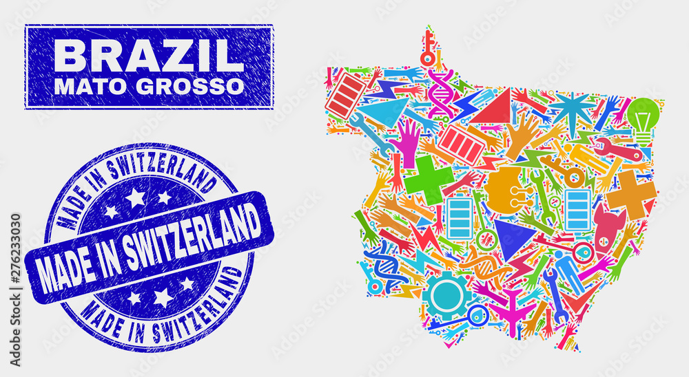 Mosaic service Mato Grosso State map and Made in Switzerland seal stamp. Mato Grosso State map collage composed with scattered colorful tools, hands, security items.