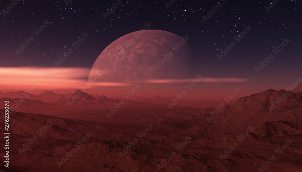 3d rendered Space Art: Alien Planet - A Fantasy Landscape with dark skies and clouds